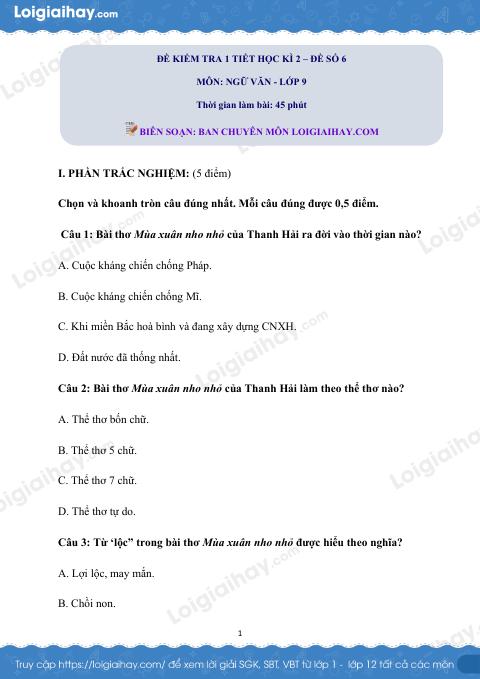 Đề kiểm tra 1 tiết Văn 9 - Đề số 6